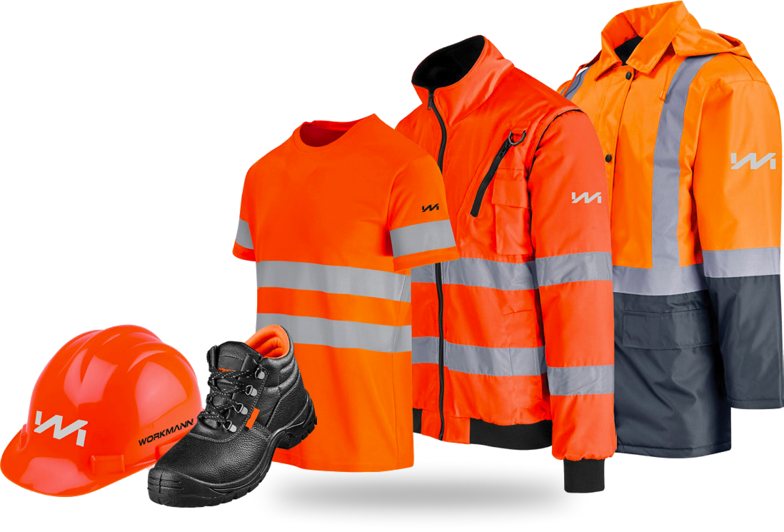 Workman high-visibility workwear, hard hat, and safety boots